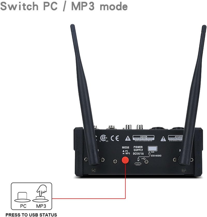 كلاراكو خلاط صوت Klarako رباعي القنوات، نظام لوحة صوت احترافي USB Bluetooth MP3 مع ميكروفونين لاسلكيين، 16 DSP وضبط ستيريو/أحادي، خلاط DJ محمول للتسجيل على الكمبيوتر، والبث المباشر - Image 4