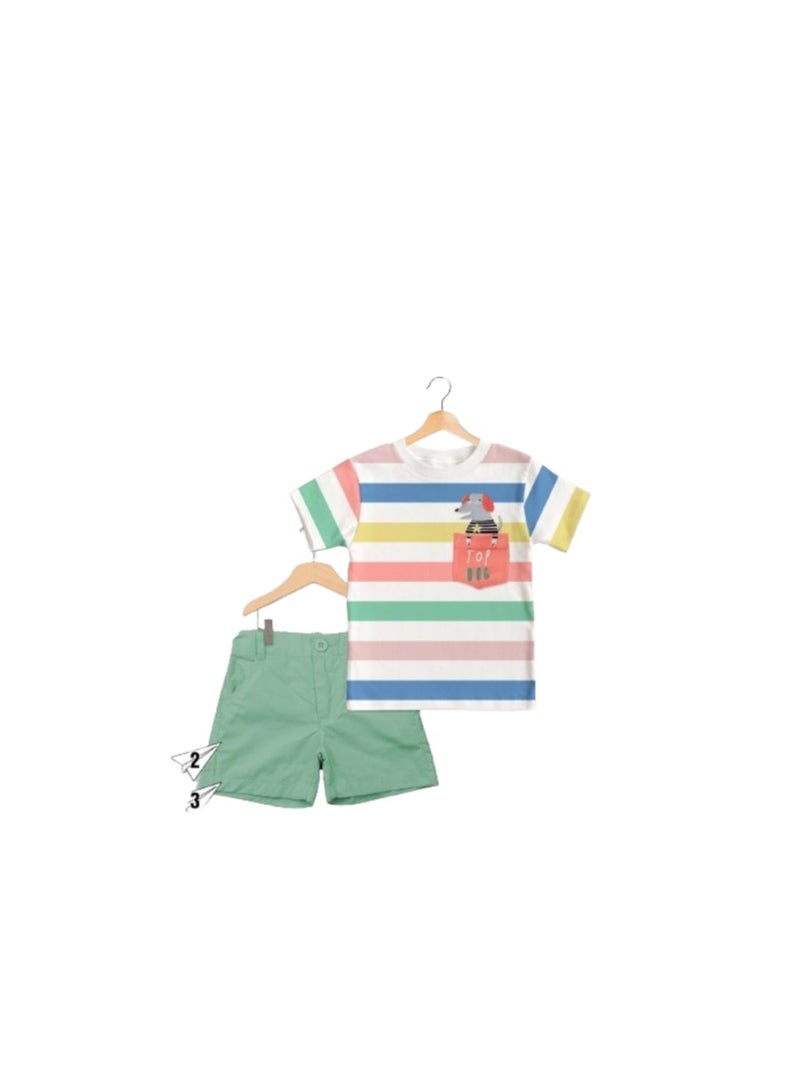 Boys' set of striped T-shirt and green shorts