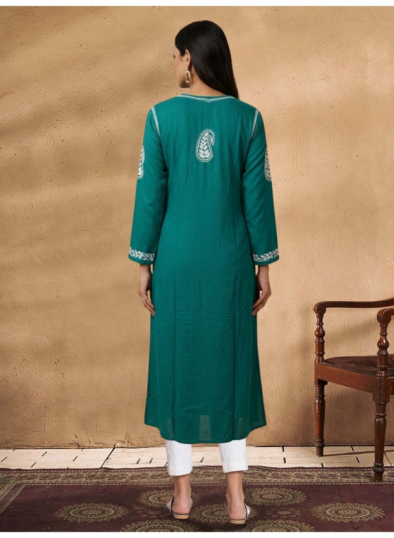 Alaya Women Hand Embroidered Chikankari Cotton Kurta-AL3549 - Image 3