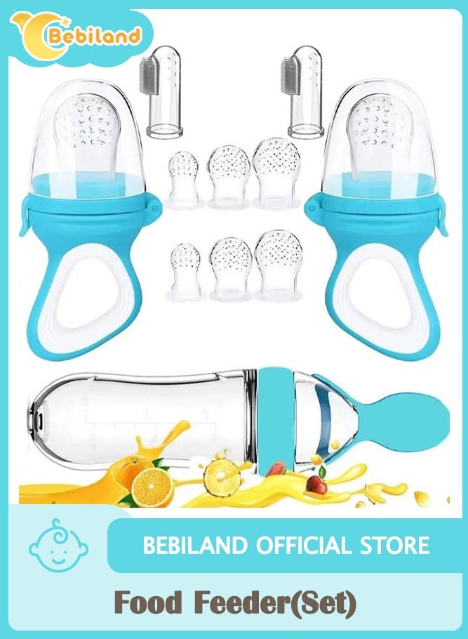 Bebiland 11Pcs Baby Food Feeder, 2 Silicone Baby Toothbrushes, 2 Pack Baby Fruit Feeder Pacifier Fresh Food Feeder with 6 Sizes Silicone Pouches, 1 Baby Feeding Spoons for Toddlers Infant, Blue  - Image 1