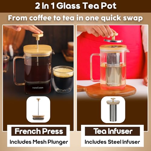 InstaCuppa French Press Coffee Maker & Tea Infuser 1000ml, 2-in-1 Borosilicate Glass Pot with Bamboo Lid, Fine Mesh Steel Plunger & 304 SS Filter, Measurement Markings, Brews 4-5 Cups in 4 Minutes - Image 2