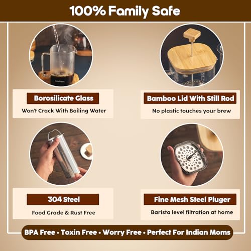 InstaCuppa French Press Coffee Maker & Tea Infuser 1000ml, 2-in-1 Borosilicate Glass Pot with Bamboo Lid, Fine Mesh Steel Plunger & 304 SS Filter, Measurement Markings, Brews 4-5 Cups in 4 Minutes - Image 3