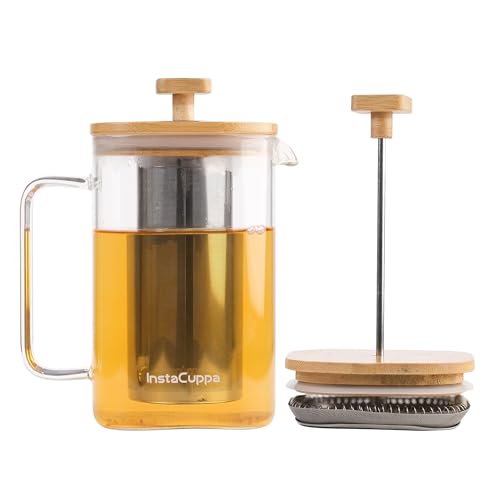 InstaCuppa French Press Coffee Maker & Tea Infuser 1000ml, 2-in-1 Borosilicate Glass Pot with Bamboo Lid, Fine Mesh Steel Plunger & 304 SS Filter, Measurement Markings, Brews 4-5 Cups in 4 Minutes - Image 1