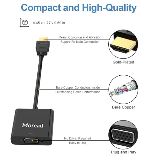 Moread HDMI to VGA with Audio, Gold-Plated Active HDMI to VGA Adapter (Male to Female) with Micro USB Power Cable & 3.5mm Audio Cable for PS4, MacBook Pro, Mac mini, Apple TV and More - Black - Image 4