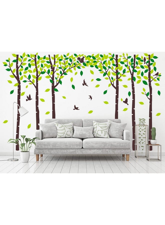 MAFENT Six Birch Tree Wall Decals Birds Cute Squirrel Forest Wall Stickers for Kids Room Nursery Bedroom Living Room Classroom Decoration (Brown,Green) - Image 1