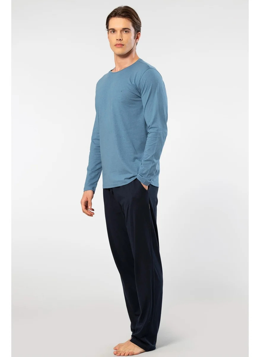 cacharel Men's Round Neck Long Sleeve Pajama Set, 50% Modal, 50% Cotton Bottom Pajamas with Pockets
