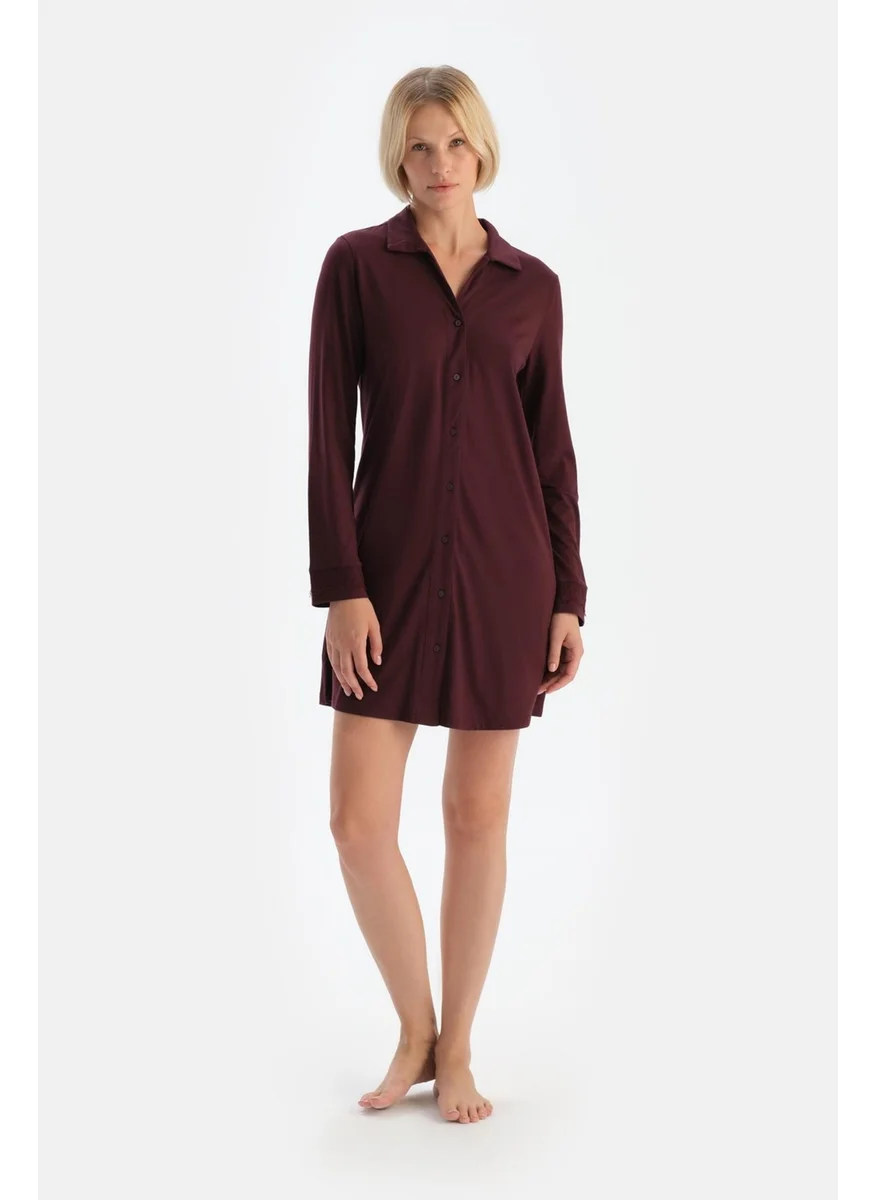 dagi Burgundy Lace Detailed Shirt Collar Nightgown