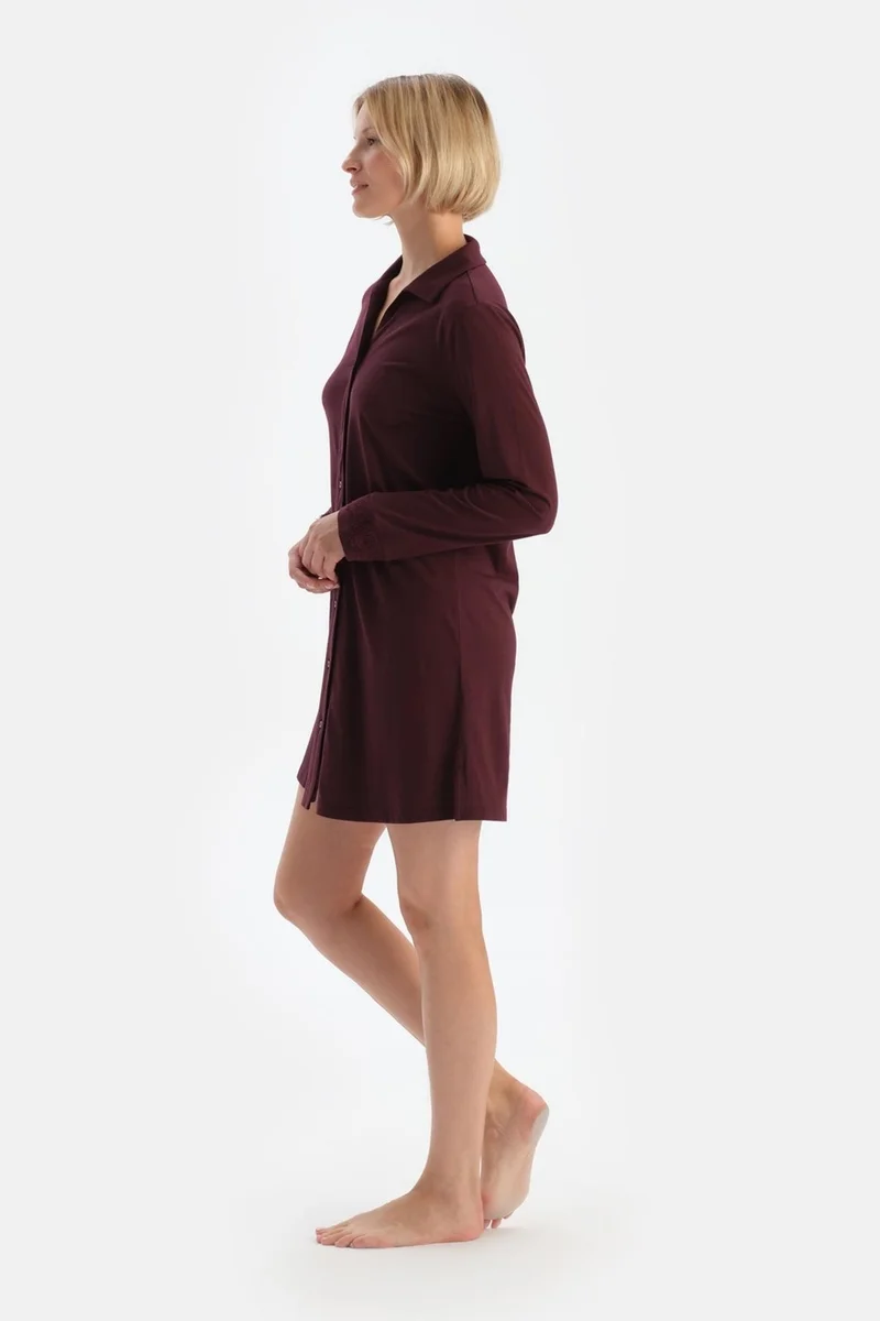 داجي Burgundy Lace Detailed Shirt Collar Nightgown