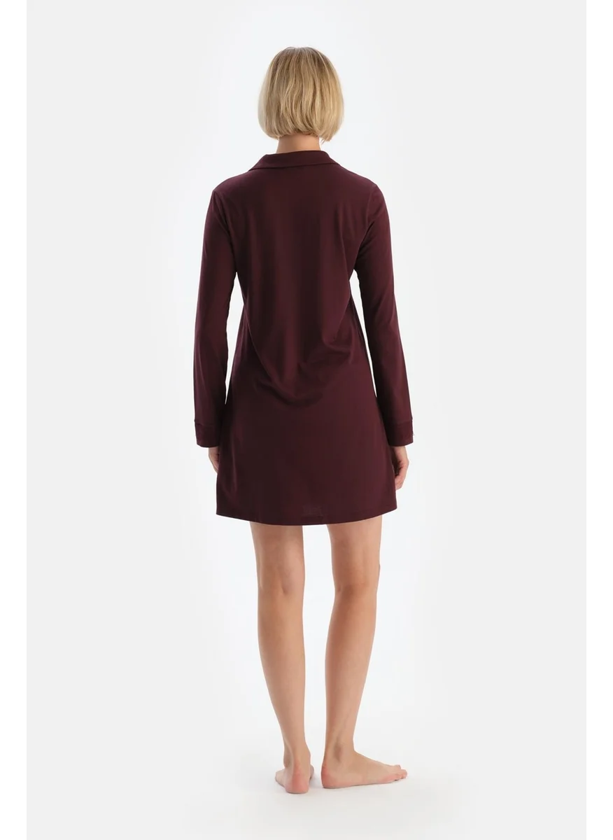 dagi Burgundy Lace Detailed Shirt Collar Nightgown