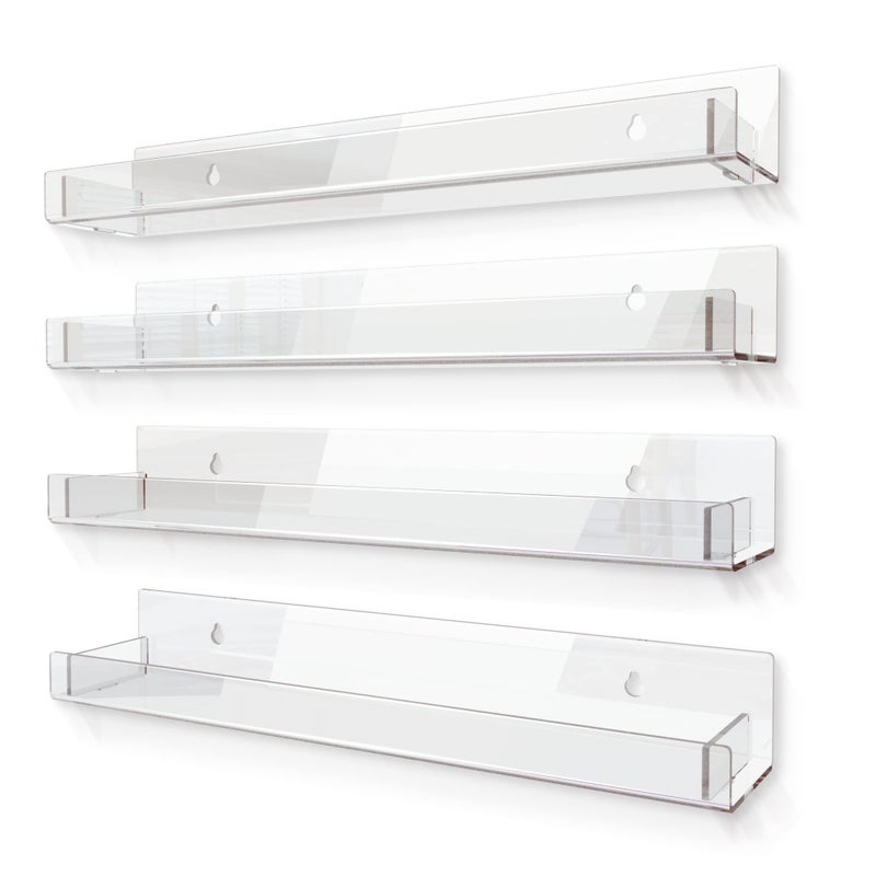 RORKIM 4 Pack 15 Inch Clear Acrylic Shelves, Clear Kids Floating Bookshelf for Kids Room, Modern Nail Polish Rack Sunglasses Essential Oil Picture Ledge Display Toy Storage Wall Shelf - Image 1