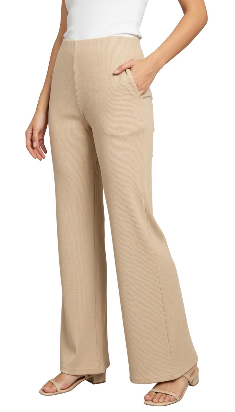 VALLEY High Waisted Wide Leg Ribbed Knit Trousers with Pockets | Casual and Stretchy Pants | for Women (in, Alpha, M, Regular, Cream) - Image 1