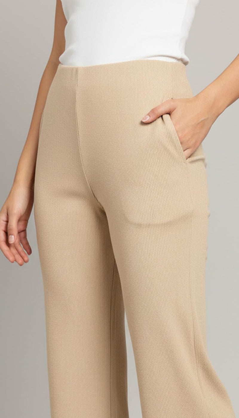 VALLEY High Waisted Wide Leg Ribbed Knit Trousers with Pockets | Casual and Stretchy Pants | for Women (in, Alpha, M, Regular, Cream) - Image 4