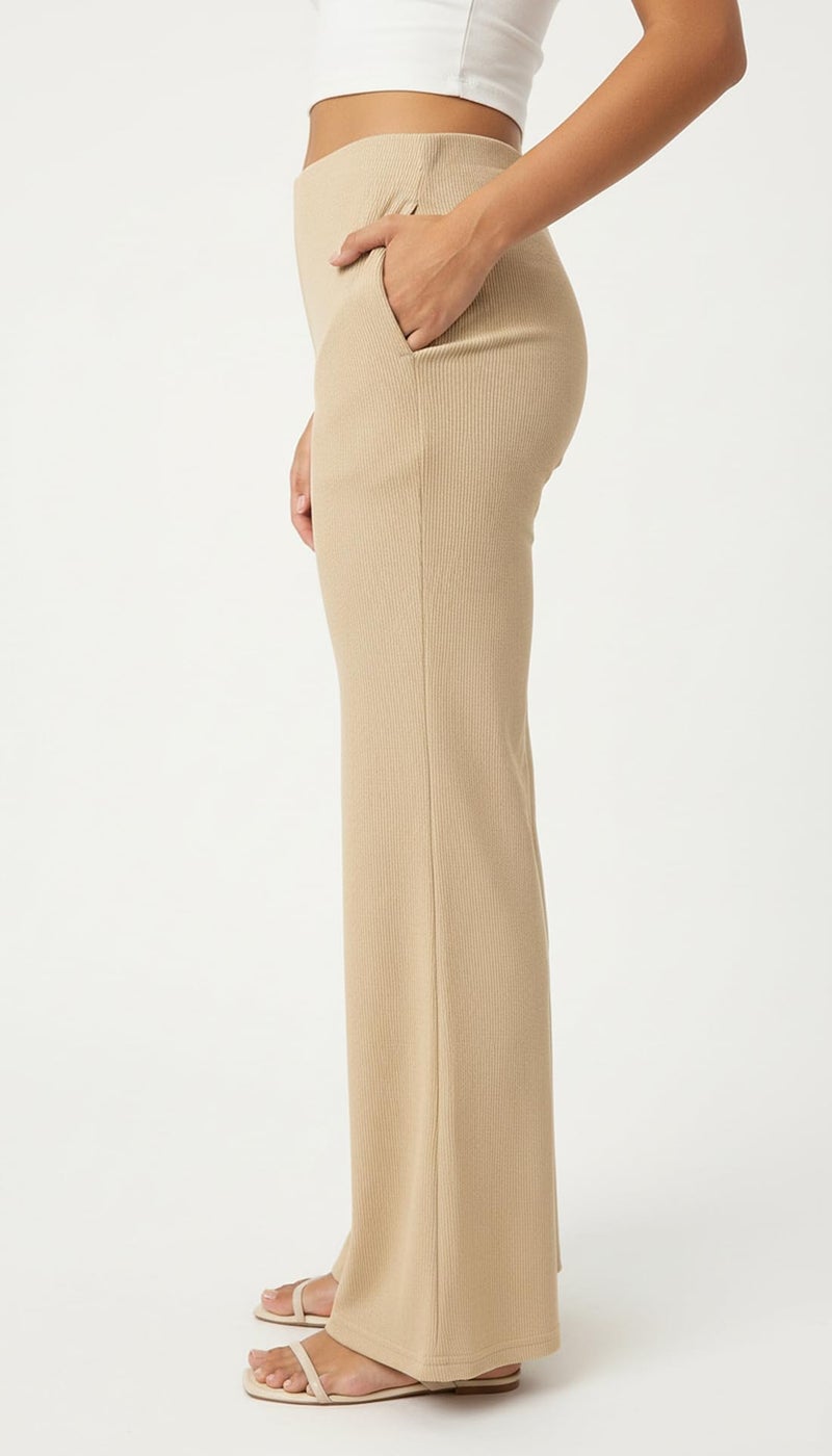 VALLEY High Waisted Wide Leg Ribbed Knit Trousers with Pockets | Casual and Stretchy Pants | for Women (in, Alpha, M, Regular, Cream) - Image 3