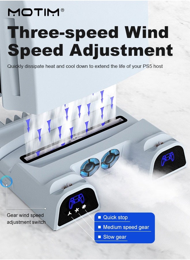 Motim - PS5 Charging Stand with Cooling Station & Dual Controller Charger Dock for Playstation 5 Console, Charging Station Incl. Cooler Fan, Charging Dock and Game Disc Holder, PS5 Accessories with 5V/3A Adapter( Fit Disc/Digital Versions) - Image 1