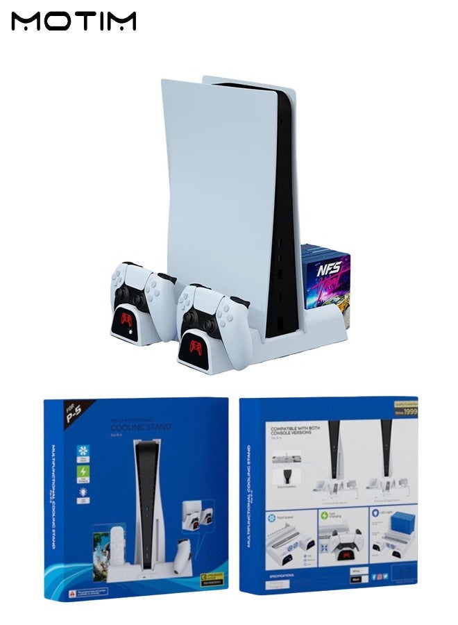 موتيم حامل شحن PS5 مع محطة تبريد وقاعدة شاحن وحدة تحكم مزدوجة لوحدة تحكم بلاي ستيشن 5، محطة شحن تتضمن مروحة تبريد، قاعدة شحن وحامل أقراص ألعاب، ملحقات PS5 مع محول 5 فولت/3 أمبير (تناسب الإصدارات الرقمية/الأقراص) - Image 1