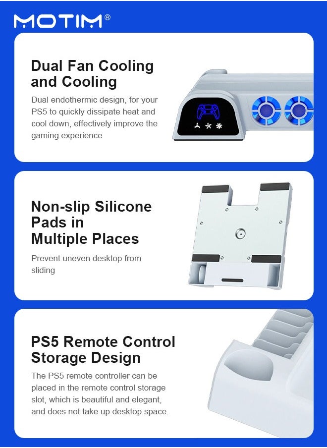 Motim - PS5 Charging Stand with Cooling Station & Dual Controller Charger Dock for Playstation 5 Console, Charging Station with Cooler Fan, Charging Dock and Game Disc Holder, PS5 Accessories with 5V/3A Adapter - Image 1
