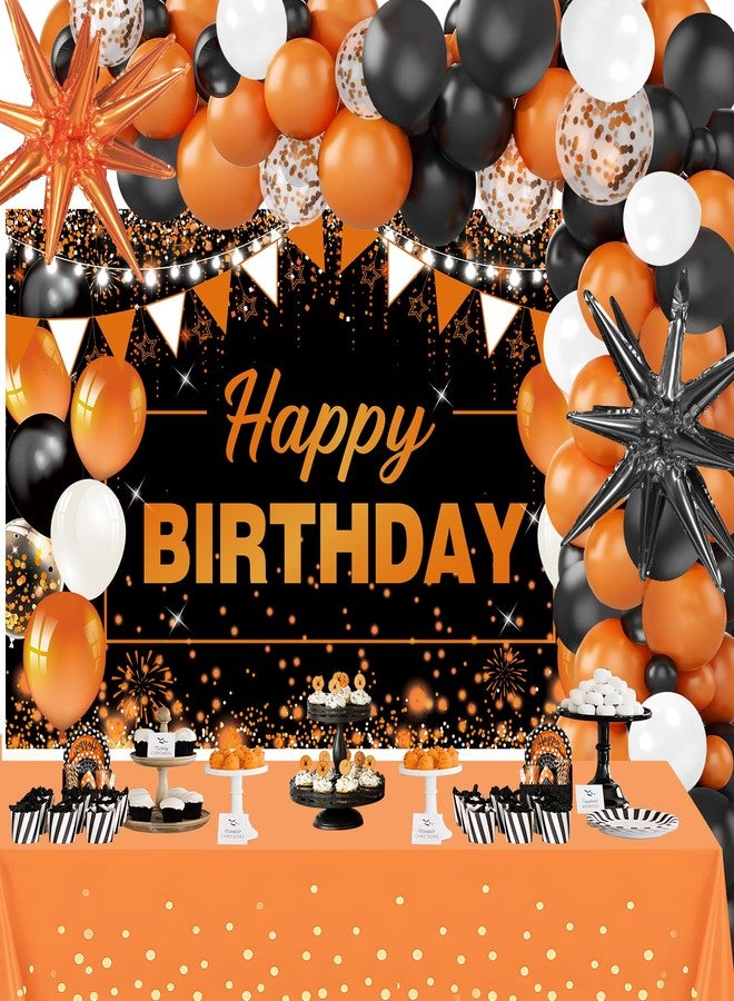 Yoirrat 62pcs Orange Birthday Decorations Orange Black Happy Birthday Banner Backdrop Balloons Arch Kit Star Foil Balloons Tablecloth Halloween Graduation Party Decorations Supplies for Women Men - Image 1