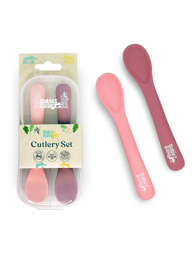 Babies Basic Babies Basic Flexible Silicone Spoon Set with travel case for kids, Dusty Pink and Pink
