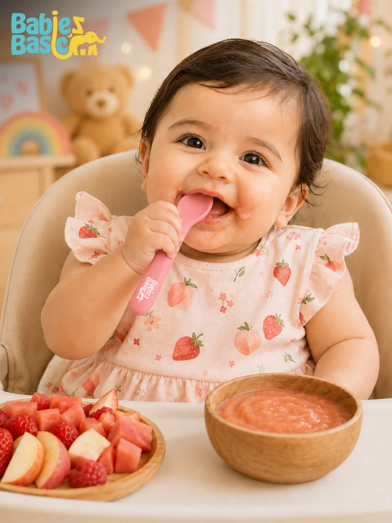 Babies Basic Babies Basic Flexible Silicone Spoon Set with travel case for kids, Dusty Pink and Pink