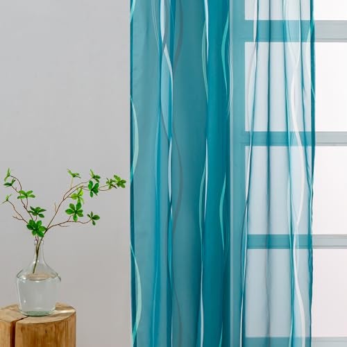 L.Z.E Teal and White Sheer Curtains 84 Inch Long 2 Panels Set for Living Room, Voile Sheer Curtains & Drapes for Bedroom Dining Room Kids Room, Rod Pocket Wave Pattern Window Sheers (55W x 84L) - Image 3