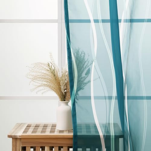 L.Z.E Teal and White Sheer Curtains 84 Inch Long 2 Panels Set for Living Room, Voile Sheer Curtains & Drapes for Bedroom Dining Room Kids Room, Rod Pocket Wave Pattern Window Sheers (55W x 84L) - Image 4
