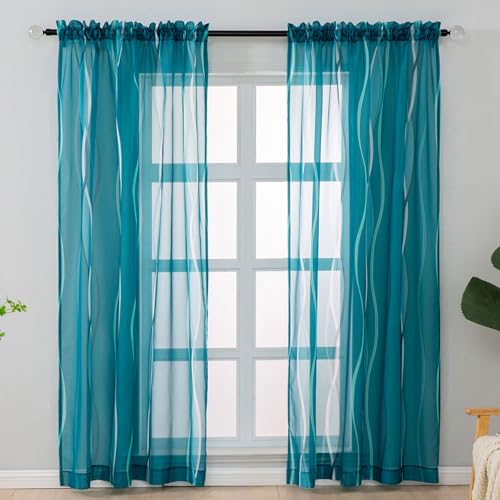 L.Z.E Teal and White Sheer Curtains 84 Inch Long 2 Panels Set for Living Room, Voile Sheer Curtains & Drapes for Bedroom Dining Room Kids Room, Rod Pocket Wave Pattern Window Sheers (55W x 84L) - Image 1