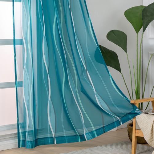 L.Z.E Teal and White Sheer Curtains 84 Inch Long 2 Panels Set for Living Room, Voile Sheer Curtains & Drapes for Bedroom Dining Room Kids Room, Rod Pocket Wave Pattern Window Sheers (55W x 84L) - Image 2