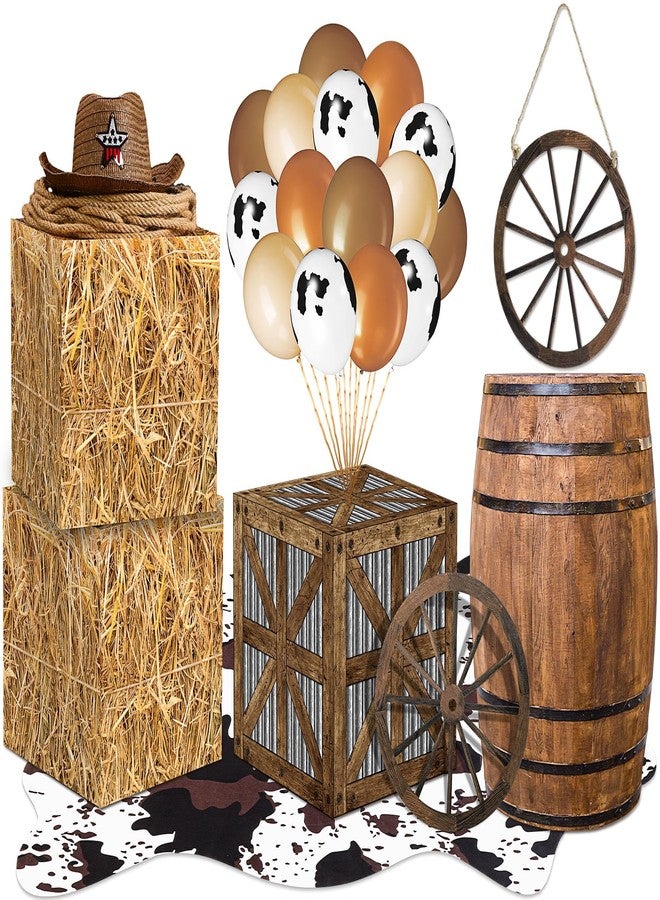 Weekgrat Western Cowboy Party Decor Hay Bales Boxes Cowhide Rug Wine Barrel Wooden Wagon Wheel Cowboy Balloons for Birthday Wild West Party Supplies Farm Decoration - Image 1