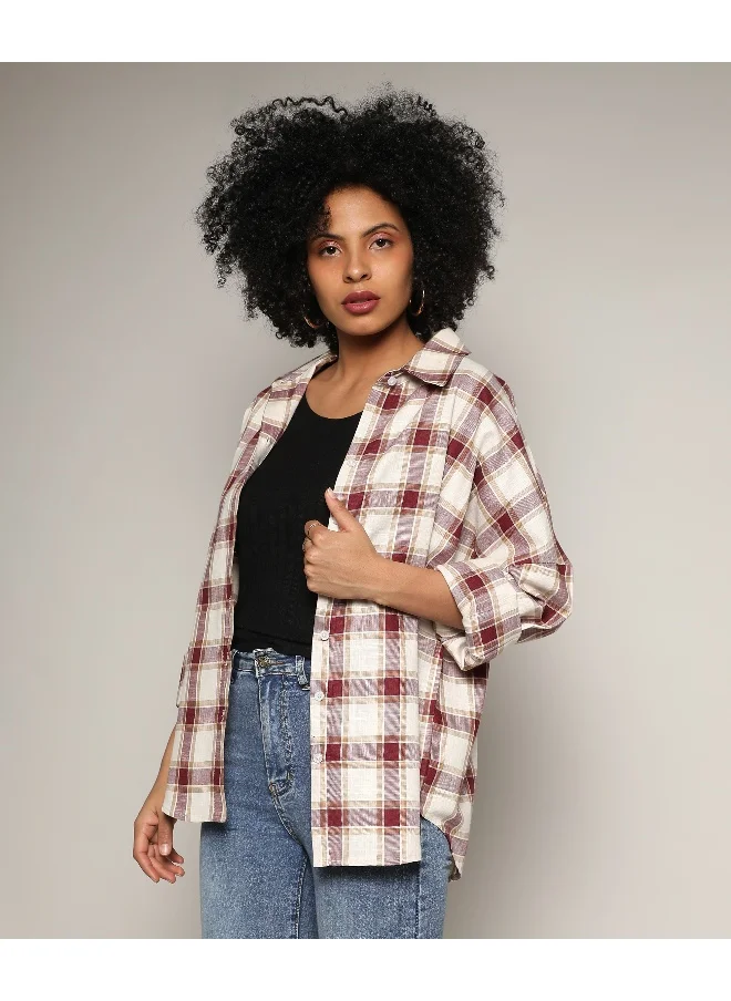 Campus Sutra Women's Mocha Brown & Pale Yellow Tartan Plaid Boxy Shirt