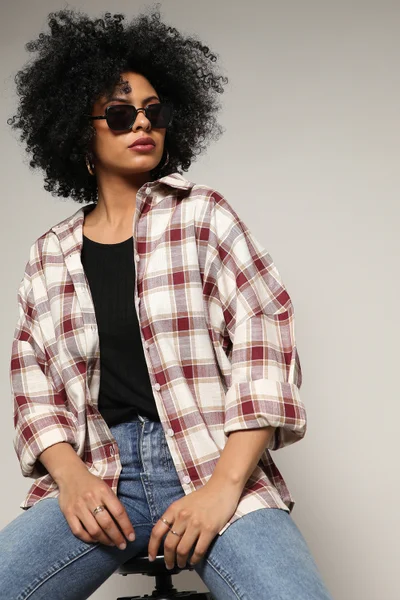 Campus Sutra Women's Mocha Brown & Pale Yellow Tartan Plaid Boxy Shirt