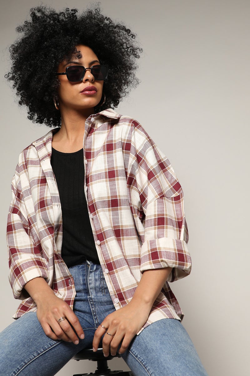 Campus Sutra Women's Mocha Brown & Pale Yellow Tartan Plaid Boxy Shirt  - Image 1
