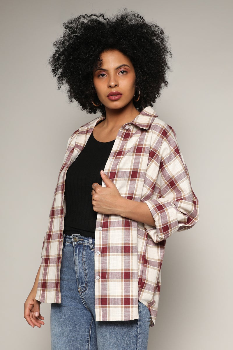 Campus Sutra Women's Mocha Brown & Pale Yellow Tartan Plaid Boxy Shirt  - Image 3