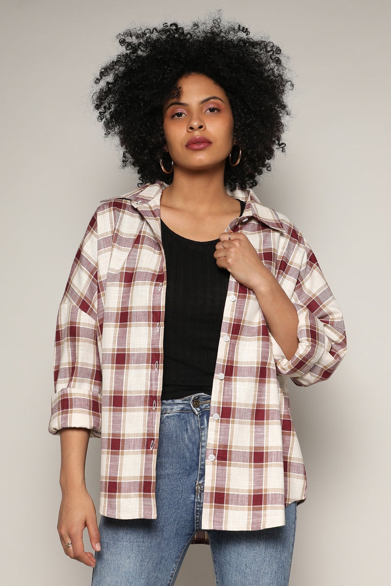 Campus Sutra Women's Mocha Brown & Pale Yellow Tartan Plaid Boxy Shirt  - Image 2