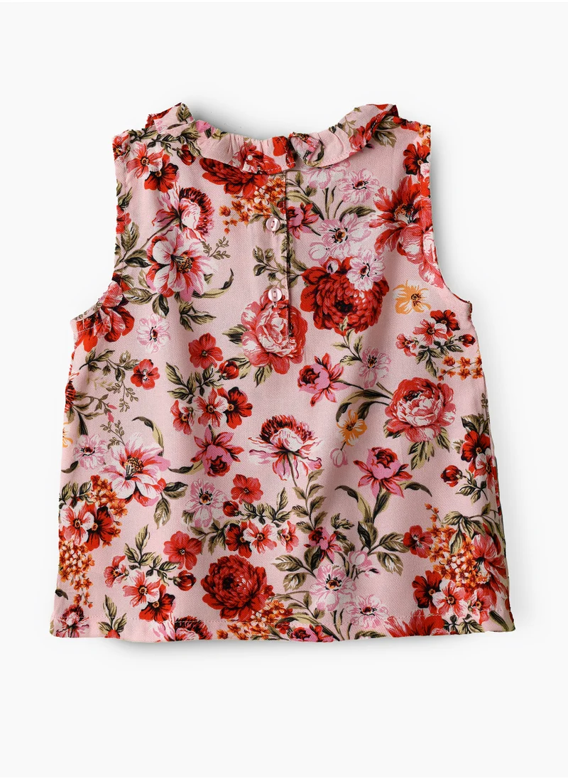 Jelliene Girls Pink Floral Sleeveless Frill Top