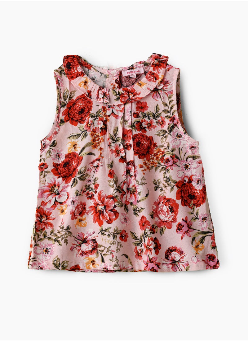 Jelliene Girls Pink Floral Sleeveless Frill Top  - Image 1