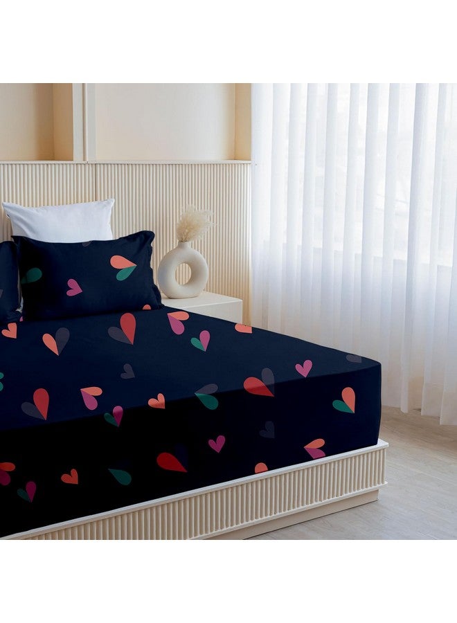 SLEEPINO - All Around Cotton Fitted Bedsheet Queen Size 60x78 Inches | 100% Cotton Queen Size Elastic Bedsheet with 2 Pillow Covers |Navy Blue Heart - Image 2