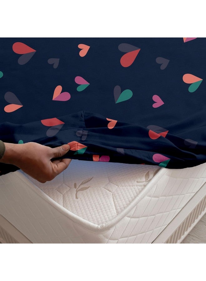 SLEEPINO - All Around Cotton Fitted Bedsheet Queen Size 60x78 Inches | 100% Cotton Queen Size Elastic Bedsheet with 2 Pillow Covers |Navy Blue Heart - Image 5