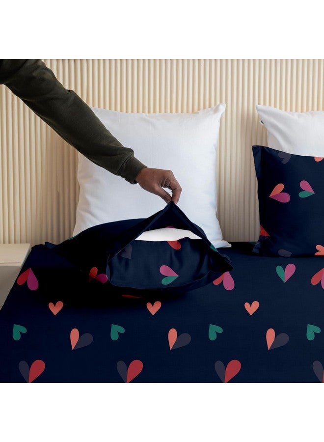SLEEPINO - All Around Cotton Fitted Bedsheet Queen Size 60x78 Inches | 100% Cotton Queen Size Elastic Bedsheet with 2 Pillow Covers |Navy Blue Heart - Image 4