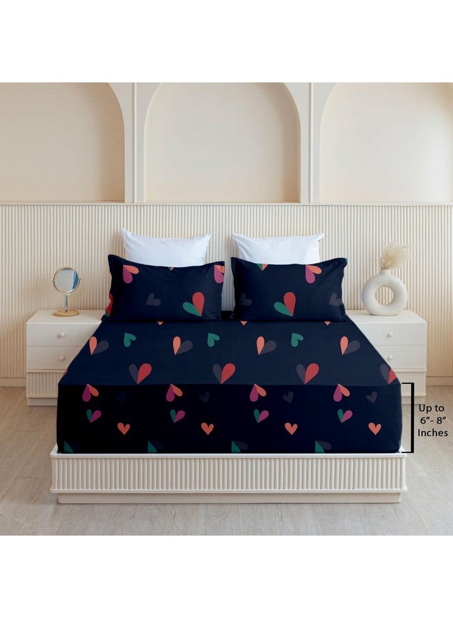 SLEEPINO - All Around Cotton Fitted Bedsheet Queen Size 60x78 Inches | 100% Cotton Queen Size Elastic Bedsheet with 2 Pillow Covers |Navy Blue Heart - Image 1