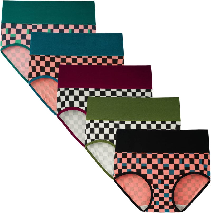 INNERSY Women's High Waisted Underwear Cotton Panties Regular & Plus Size 5-Pack(Chessboard,X-Large) - Image 1