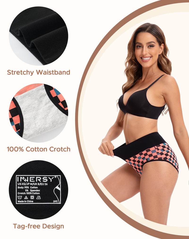 INNERSY Women's High Waisted Underwear Cotton Panties Regular & Plus Size 5-Pack(Chessboard,X-Large) - Image 4