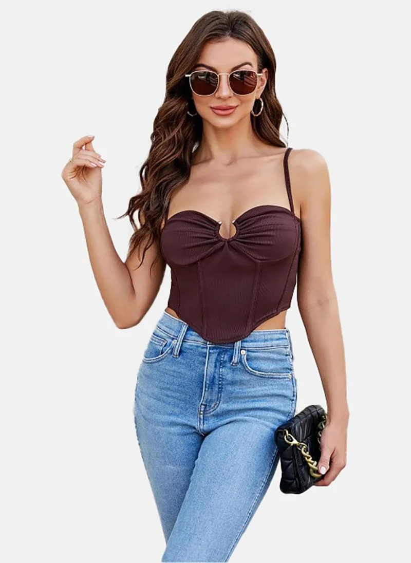 YUNIQEE Brown Solid Slim Fit Sleeveless Top