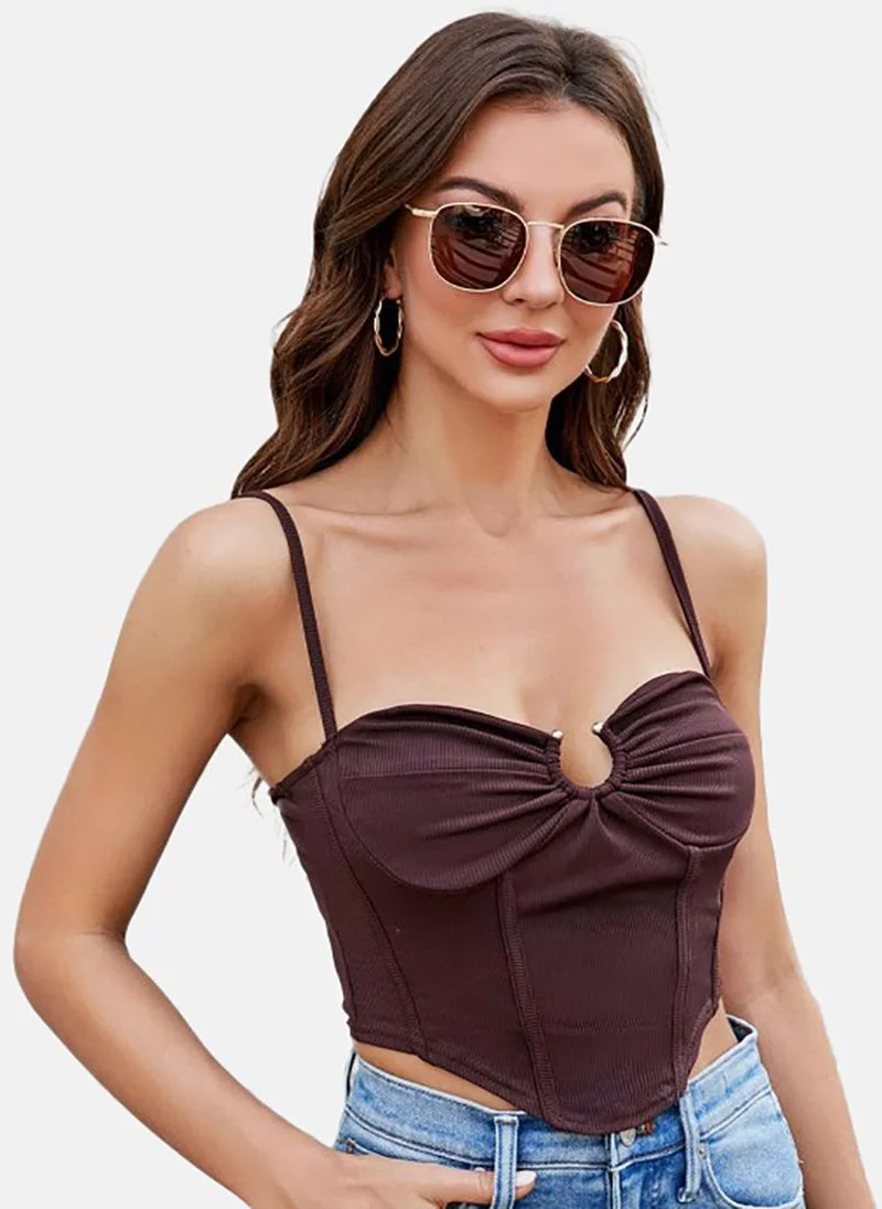 YUNIQEE Brown Solid Slim Fit Sleeveless Top