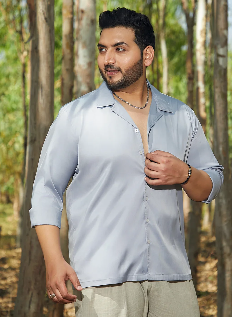 Instafab Plus Instafab Plus Men's Flint Grey Solid Cuban Shirt For Casual Wear | Cuban Collar | Long Cuffed Sleeves | Button Closure | Plus Size Shirt Crafted With Comfort Fit For Everyday Wear