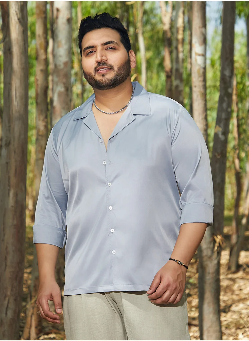 انستافاب بلس Instafab Plus Men's Flint Grey Solid Cuban Shirt For Casual Wear | Cuban Collar | Long Cuffed Sleeves | Button Closure | Plus Size Shirt Crafted With Comfort Fit For Everyday Wear