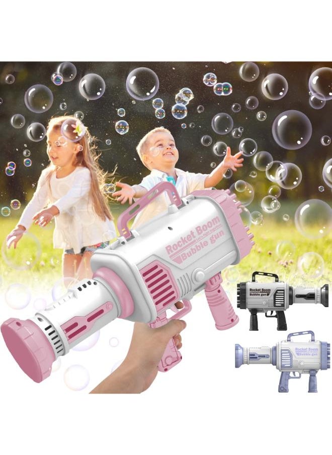 Rocket Bubble Gun - 64-Hole Bubble Gun with Lights, Bubble Machine with 2 Bottles Solution and 2 Rechargeable Batteries, Bubble Makers Summer Toys for 3+ Ages Kids/Adults, Bubble Blower Toys - Pink 