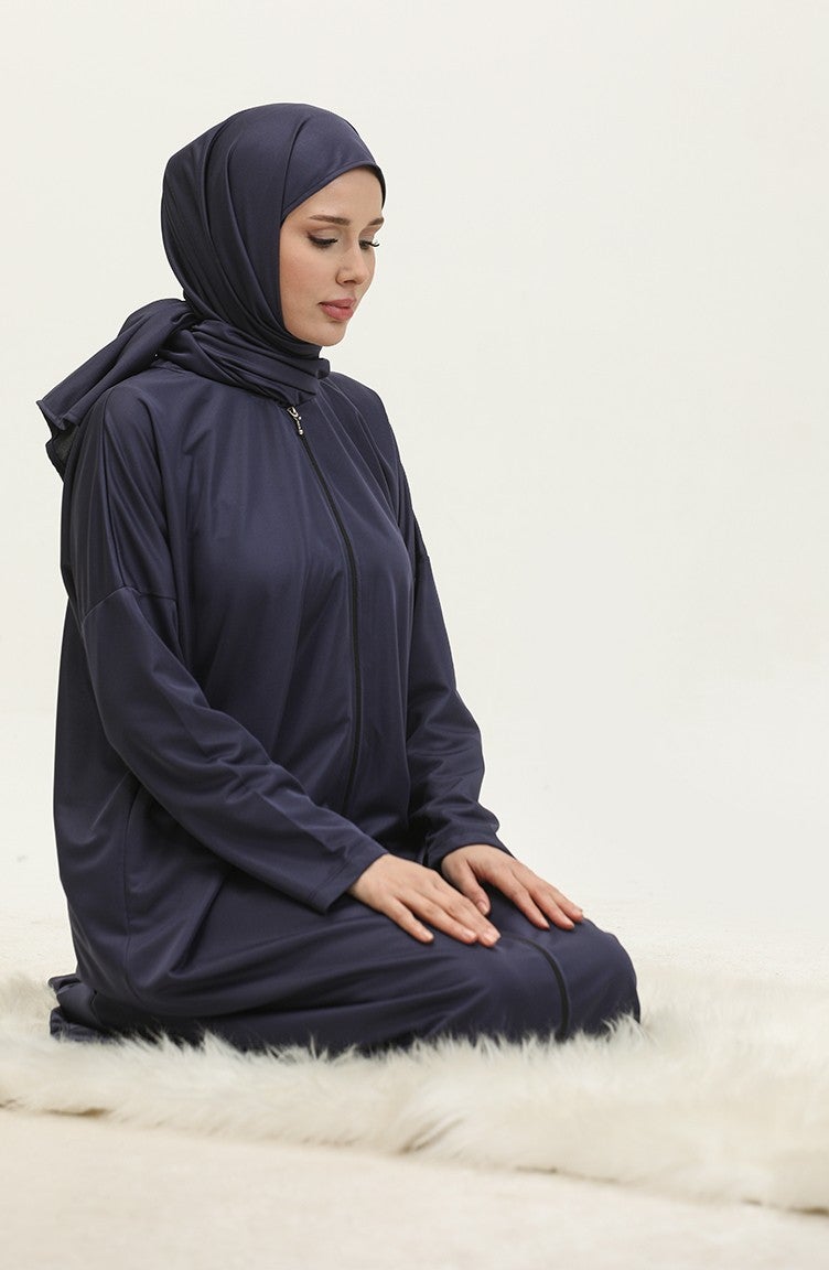 Sefa Merve One Piece Practical Prayer Dress with Headscarf 1980-02 Navy Blue  - Image 3