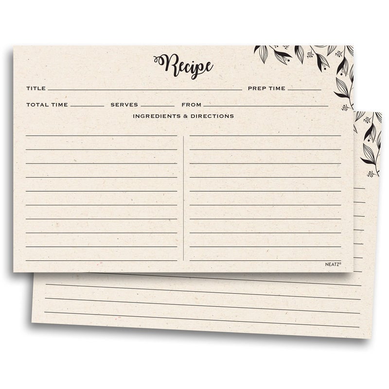 Neatz Spacious Recipe Cards 4x6 50 count Double Sided Thick Card Stock Perfect for Recipe Box Recipe Binder Minimal Floral KraftLike Design