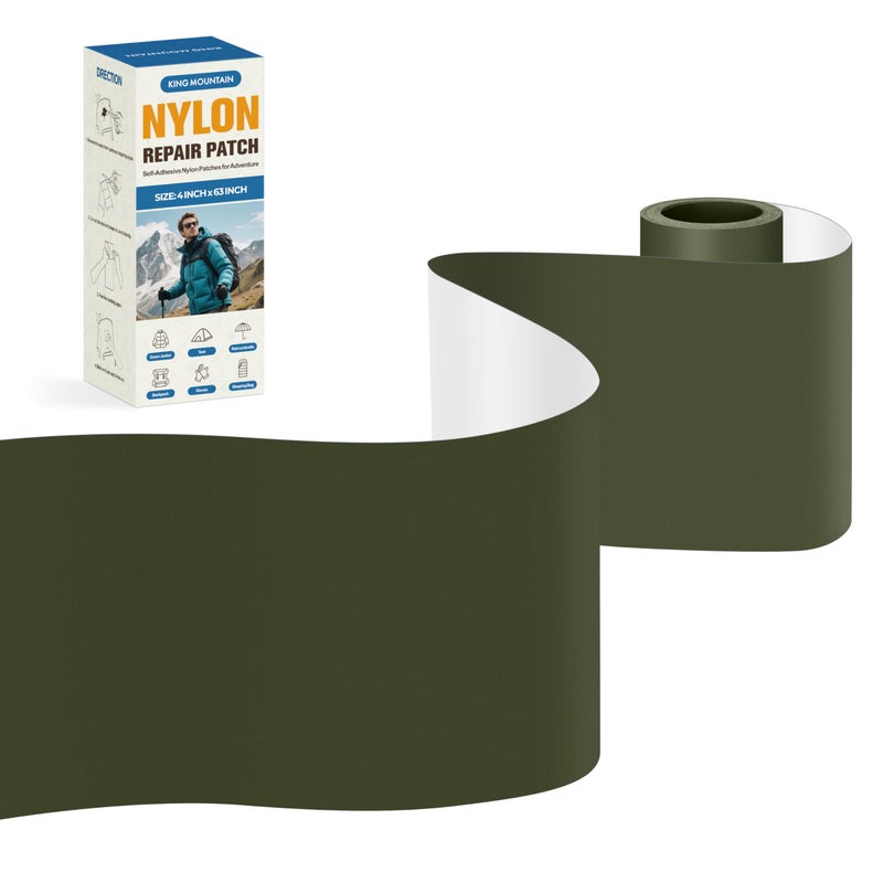 KING MOUNTAIN Self Adhesive Nylon Fabric Repair Tape, 4Ã—63 Inches, Quick Down Jacket Repair Patch, Waterproof Outdoor Gear Patch Kit for Tent,Backpacks,Umbrella, Gloves, Sleeping Bag (Army Green) - Image 1