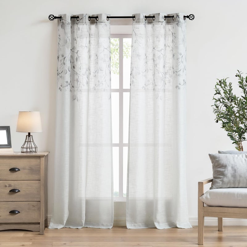 Central Park Leaf Floral Print Metallic Sheer Window Curtain Panel for Rustic Living RoomBedroom Sparkling Decorative 6 Grommets Top Drape Panels Farmhouse CurtainsGray Tan40 x 95x2 2 PK